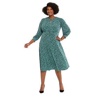 Plus Size London Times Keyhole Neck Bishop Sleeve Fit and Flare Dress