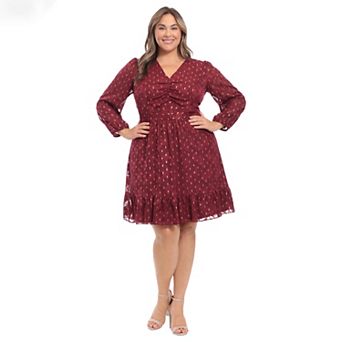 Plus Size London Times V-Neck Bishop Sleeve Tiered Dress