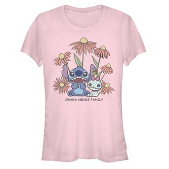Juniors' Disney Lilo & Stitch Scrump Ohana Means Family Chibi Flowers Graphic Tee