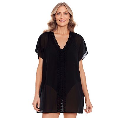 Women s Bal Harbour Lace Trimmed Chiffon V Neck Swim Cover Up Tunic