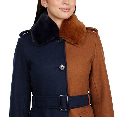 Badgley Mischka Women s Wool Blend Color Block Coat with Detachable Faux Fur Collar Cognac Navy