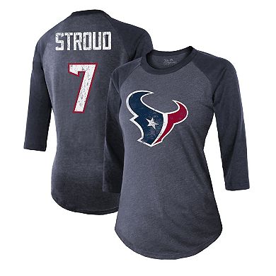 Women's Majestic Threads C.J. Stroud Navy Houston Texans Player Name & Number Tri-Blend 3/4-Sleeve Fitted T-Shirt