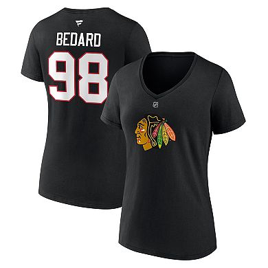 Women's Fanatics Branded Connor Bedard Black Chicago Blackhawks 2023 NHL Draft Authentic Stack Player Name & Number V-Neck T-Shirt
