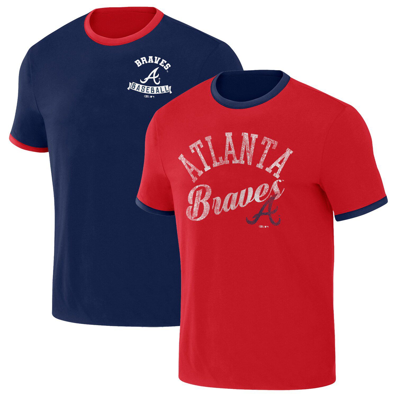 Men's Mitchell & Ness Atlanta Braves Legend Slub Henley Red and Navy  Baseball Shirt