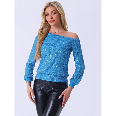 One Shoulder Sequin Tops for Women's Long Sleeve Holiday Party Sparkly Top