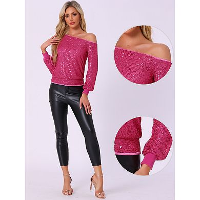 One Shoulder Sequin Tops for Women's Long Sleeve Holiday Party Sparkly Top