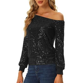 One Shoulder Sequin Tops for Women's Long Sleeve Holiday Party Sparkly Top
