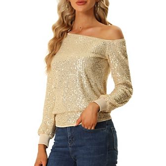 One Shoulder Sequin Tops for Women's Long Sleeve Holiday Party Sparkly Top