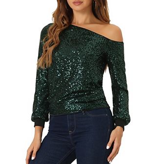 One Shoulder Sequin Tops for Women's Long Sleeve Holiday Party Sparkly Top