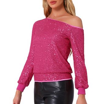One Shoulder Sequin Tops for Women's Long Sleeve Holiday Party Sparkly Top