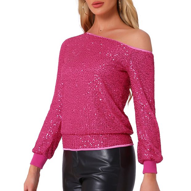 One Shoulder Sequin Tops for Women s Long Sleeve Holiday Party Sparkly Top