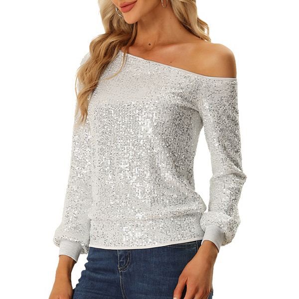 One Shoulder Sequin Tops For Women's Long Sleeve Holiday Party Sparkly Top