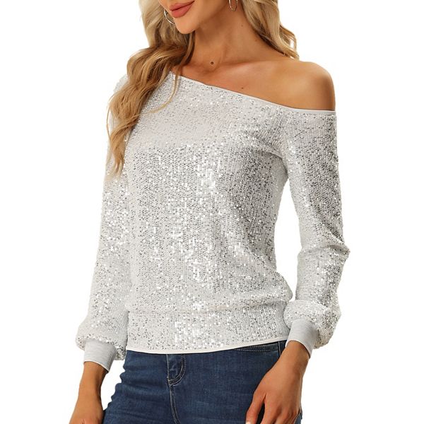 One Shoulder Sequin Tops for Women's Long Sleeve Holiday Party Sparkly Top