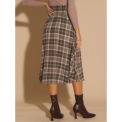 Vintage Plaid Skirt for Women's High Elastic Waist Fall Winter A-Line Tartan Midi Skirt