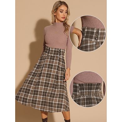 Vintage Plaid Skirt for Women's High Elastic Waist Fall Winter A-Line Tartan Midi Skirt