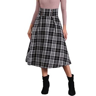 Vintage Plaid Skirt for Women's High Elastic Waist Fall Winter A-Line Tartan Midi Skirt