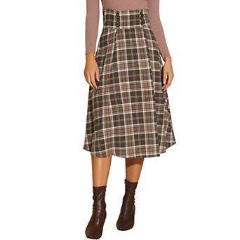 Vintage Plaid Skirt for Women's High Elastic Waist Fall Winter A-Line Tartan Midi Skirt