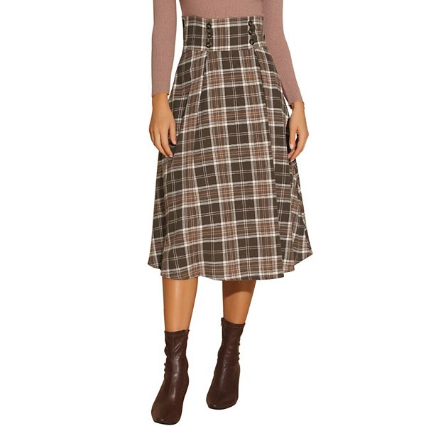 Beeblily Women's Plaid Wool Blend Midi Skirt - Vintage High Waist A-Line Long Skirt For Fall/Winter