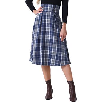 Vintage Plaid Skirt for Women's High Elastic Waist Fall Winter A-Line Tartan Midi Skirt
