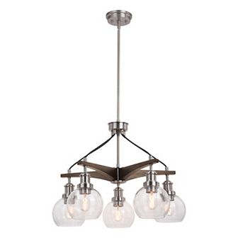 Avondale 25.5 in Satin Nickel and Wood Farmhouse 5 Light Chandelier Dining Room Hanging Fixture, Clear Seeded Glass Globes
