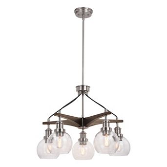 Avondale 25.5 in Satin Nickel and Wood Farmhouse 5 Light Chandelier Dining Room Hanging Fixture, Clear Seeded Glass Globes