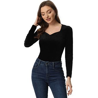 Casual Velvet Tops For Women's Long Sleeves Sweetheart Neck Blouse