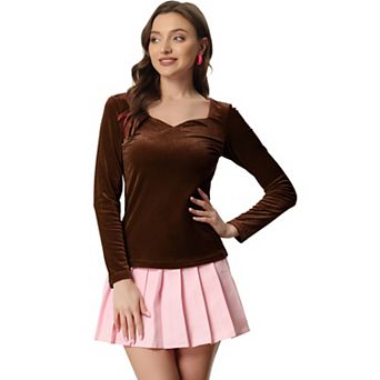 Casual Velvet Tops For Women's Long Sleeves Sweetheart Neck Blouse