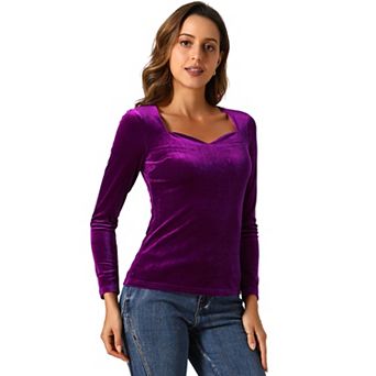 Casual Velvet Tops For Women's Long Sleeves Sweetheart Neck Blouse