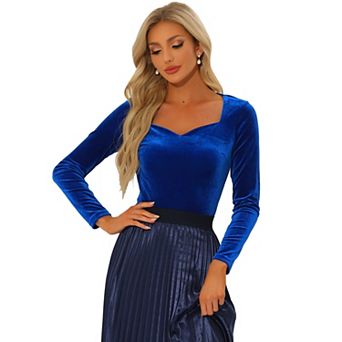 Casual Velvet Tops For Women's Long Sleeves Sweetheart Neck Blouse