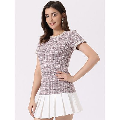 Tweed Short Sleeve Top Casual Round Neck Pearl Decoration Blouse, Apricot / XS