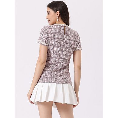 Tweed Short Sleeve Top for Women Casual Round Neck Pearl Decoration Blouse