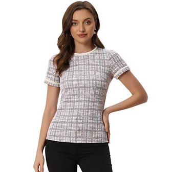 Tweed Short Sleeve Top For Women Casual Round Neck Pearl Decoration Blouse