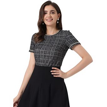 Tweed Short Sleeve Top For Women Casual Round Neck Pearl Decoration Blouse