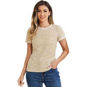 Tweed Short Sleeve Top For Women Casual Round Neck Pearl Decoration Blouse