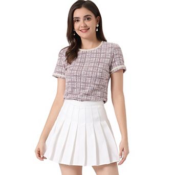 Tweed Short Sleeve Top For Women Casual Round Neck Pearl Decoration Blouse