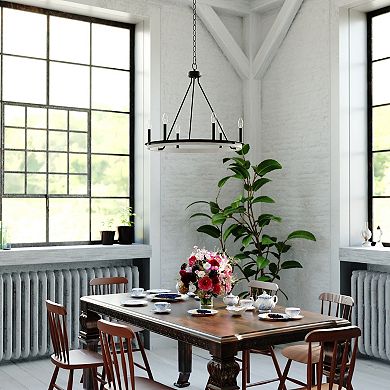 Russel 6 Light Matte Black and Weathered Gray Farmhouse Candle Wheel Chandelier