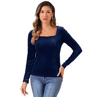 Long Sleeve Top for Women's Velvet Square Neck Casual T-Shirt Blouse