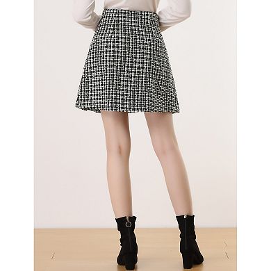 Plaid Tweed Mini Skirt for Women's Elegant High Waist A-Line Button Front Skirts