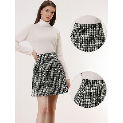 Plaid Tweed Mini Skirt For Women s Elegant High Waist A line Button Front Skirts