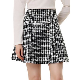 Plaid Tweed Mini Skirt for Women's Elegant High Waist A-Line Button Front Skirts