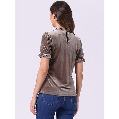 Ruffle Collar Shirt For Women's Short Sleeve Velvet Tops Blouse
