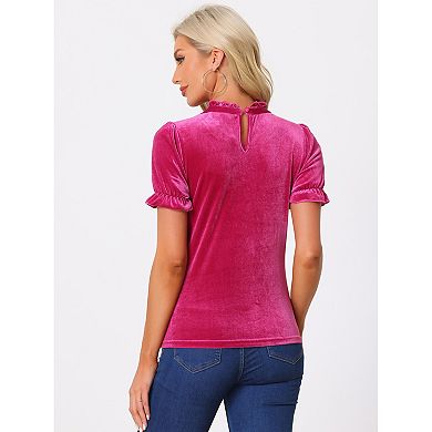 Ruffle Collar Shirt for Women's Short Sleeve Velvet Tops Blouse