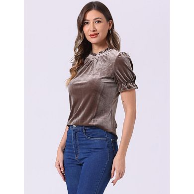 Ruffle Collar Shirt For Women's Short Sleeve Velvet Tops Blouse