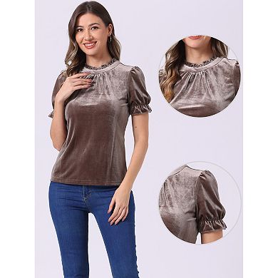 Ruffle Collar Shirt For Women's Short Sleeve Velvet Tops Blouse