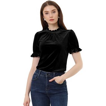 Ruffle Collar Shirt for Women's Short Sleeve Velvet Tops Blouse
