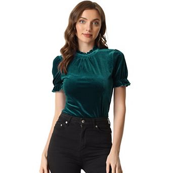 Ruffle Collar Shirt for Women's Short Sleeve Velvet Tops Blouse
