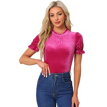 Ruffle Collar Shirt for Women's Short Sleeve Velvet Tops Blouse