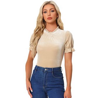 Ruffle Collar Shirt for Women's Short Sleeve Velvet Tops Blouse