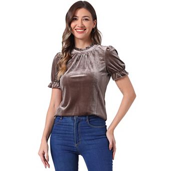 Ruffle Collar Shirt for Women's Short Sleeve Velvet Tops Blouse