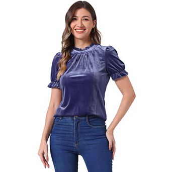 Ruffle Collar Shirt For Women's Short Sleeve Velvet Tops Blouse